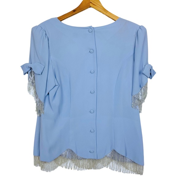 Samuel Scott Vintage Short Sleeve Back Button Beaded Fringe Blouse Light Blue - Picture 2 of 9